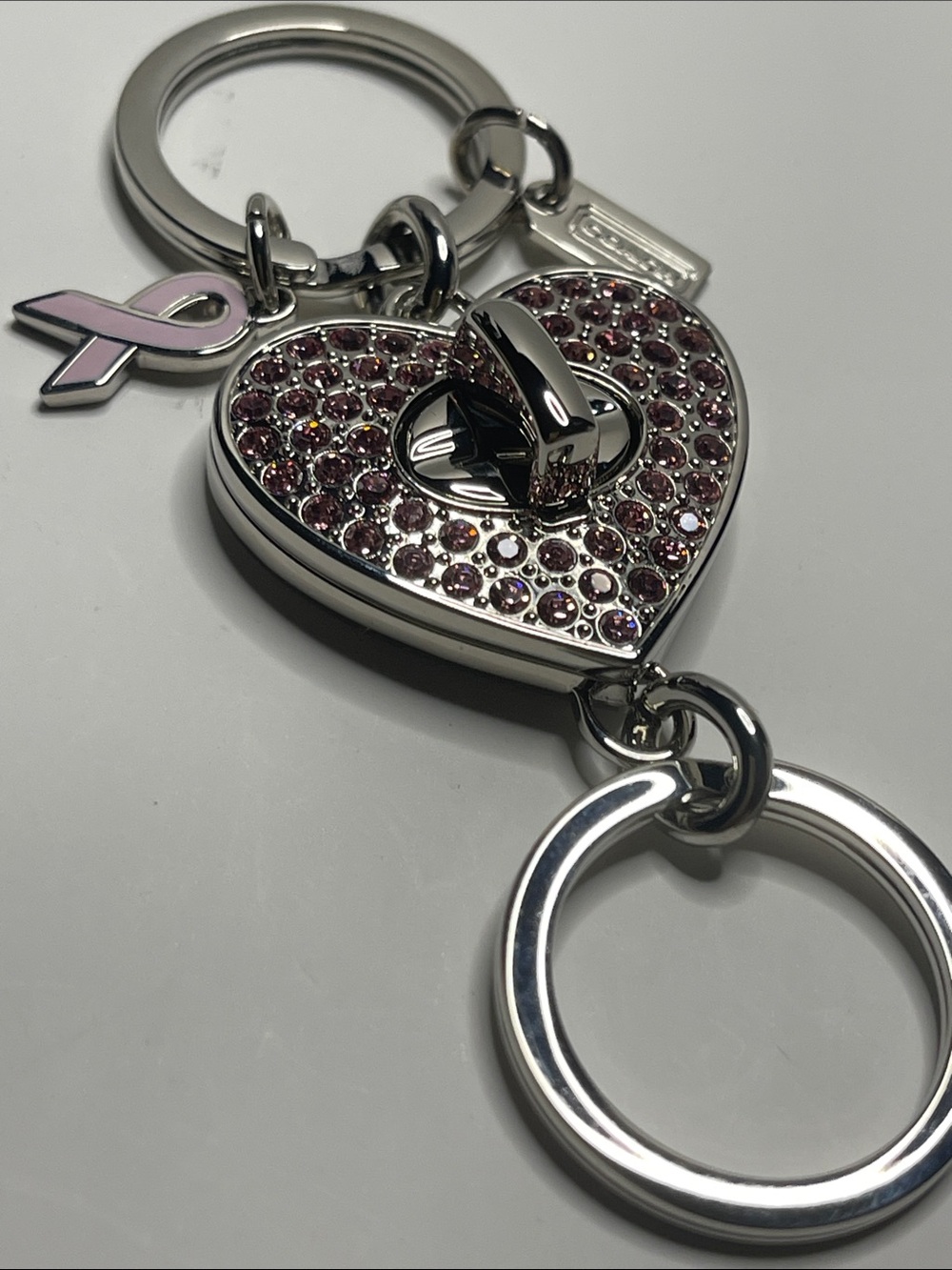 Coach Valet Heart Keychain with Pink Crystal Accents and Pink Ribbon Charm